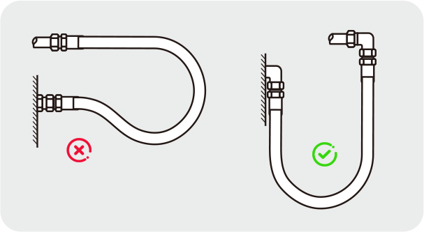 Когда радиус изгиба слишком мал, рекомендуется использовать прямоугольное соединение, чтобы избежать резких изгибов в шланге.